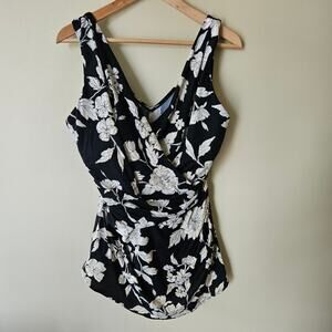 Lands' End Slender Suit V-Neck Skirted One-Piece Swimsuit 18DD Black Wrap